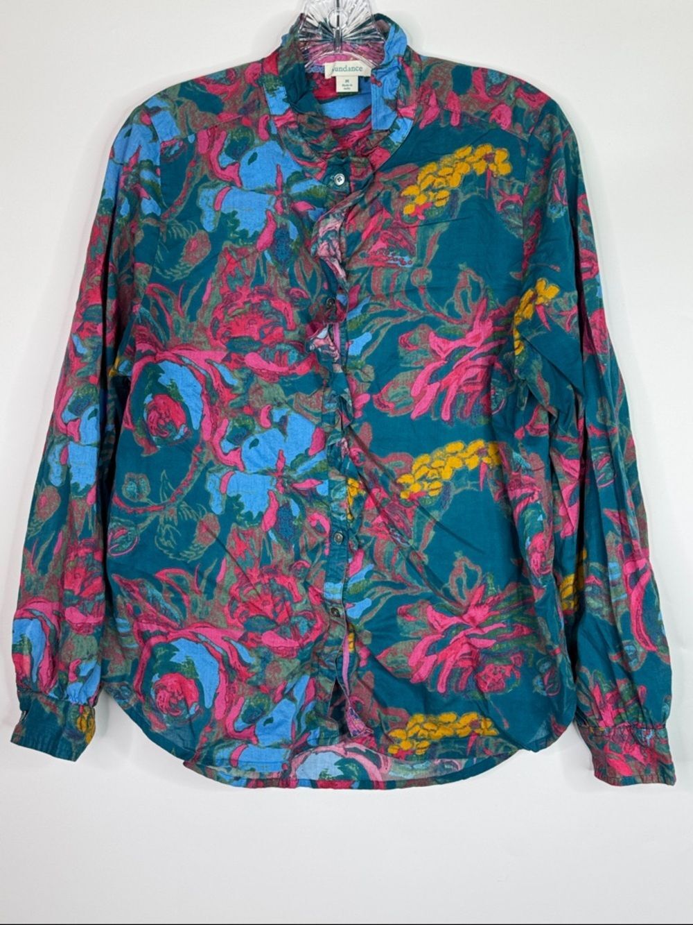 Sundance Floral Cotton Ruffle Button Down Shirt Size Medium